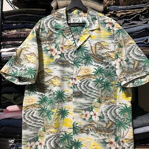 KY'S Palm Tree Print Men's Shirt - Green and Yellow